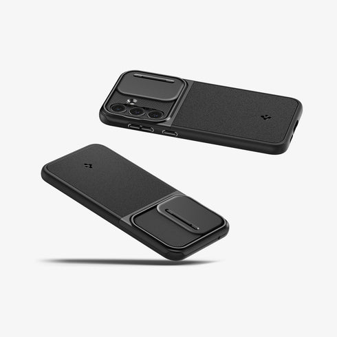 ACS05639 - Galaxy S23 Ultra Case Optik Armor in black showing the back with lens protector slot open